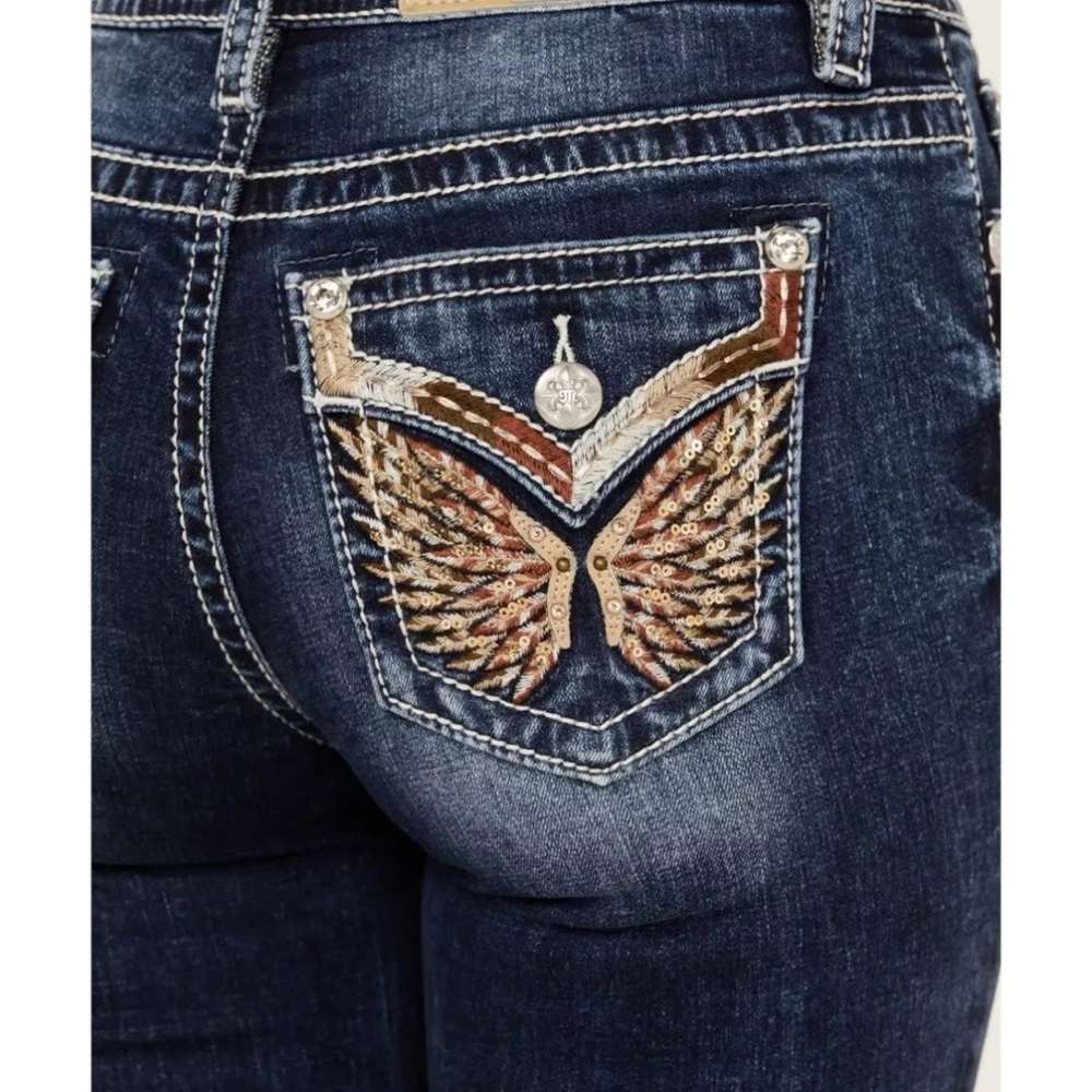 Miss Me Blue Denim Boot Cut Jeans with Ornate Embroidery